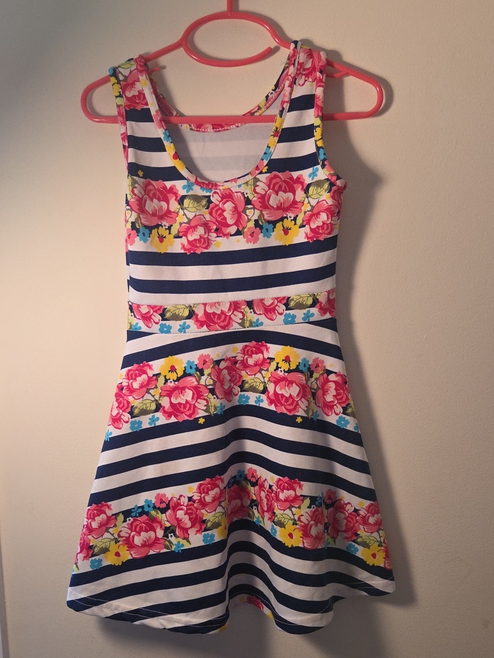Girls Navy Stripe & Pink Floral Tank Dress